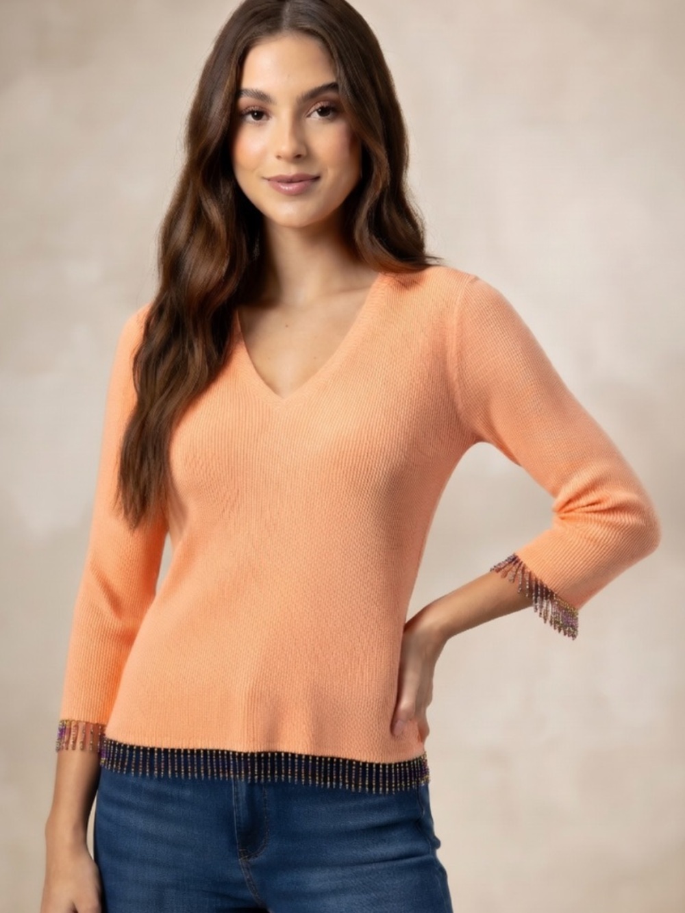 Cache Peach V-Neck Sweater with Beaded Fringe EUC